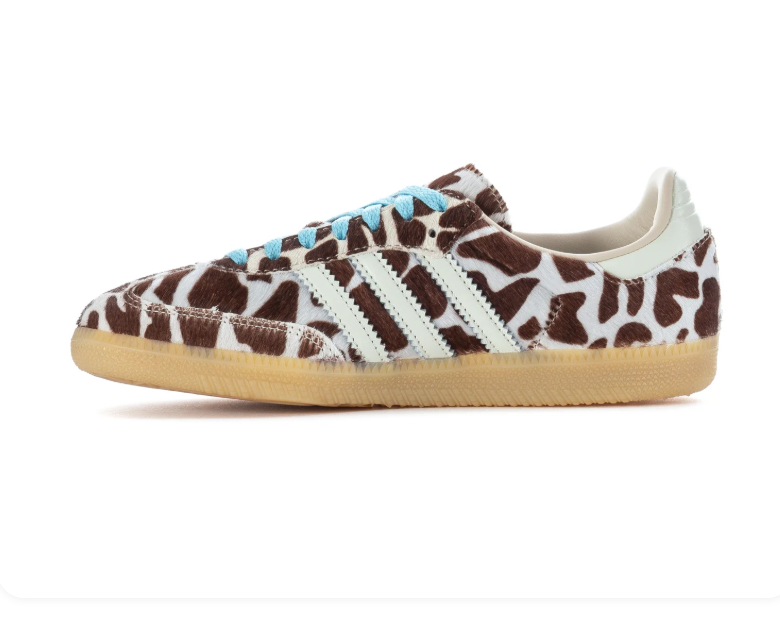 Adidas Brown & Cream Cow-Print Sneakers with Blue Laces