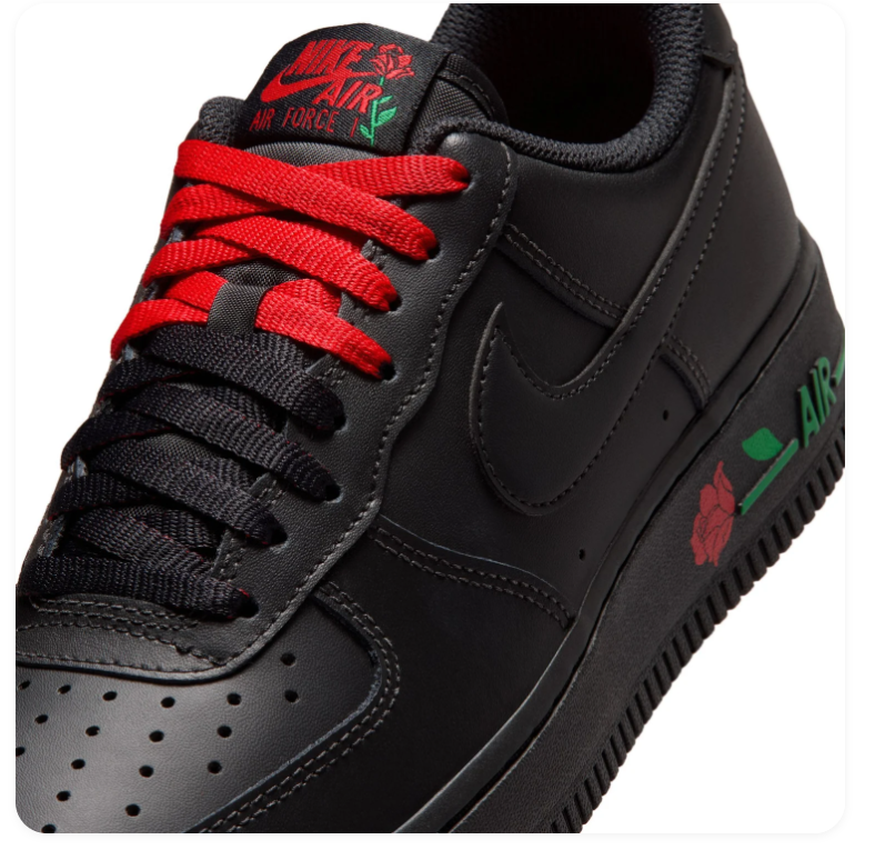 Nike Air Force 1 Black Sneakers with Red Rose & Green Accents