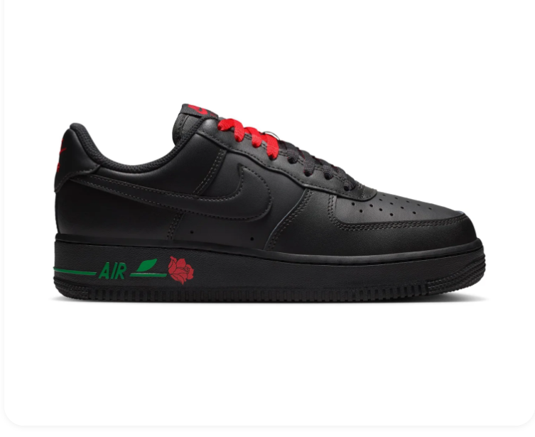 Nike Air Force 1 Black Sneakers with Red Rose & Green Accents