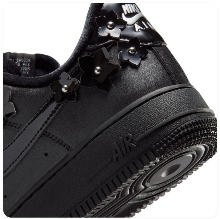 Nike Air Force 1 Black Sneakers with Floral Appliqués & Silver Accents
