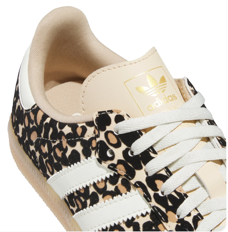Adidas Leopard-Print Low-Top Sneakers with White Stripes & Gum Sole