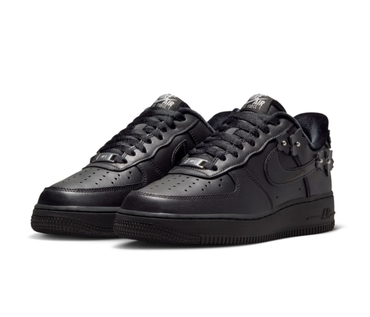 Nike Air Force 1 Black Sneakers with Floral Appliqués & Silver Accents