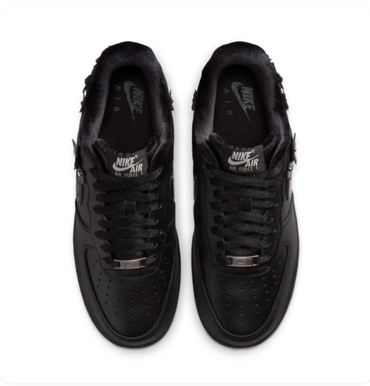 Nike Air Force 1 Black Sneakers with Floral Appliqués & Silver Accents