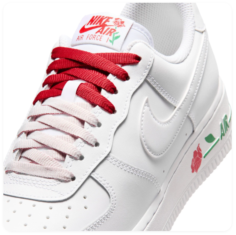 Nike Air Force 1 White Sneakers with Red Rose & Green Accents
