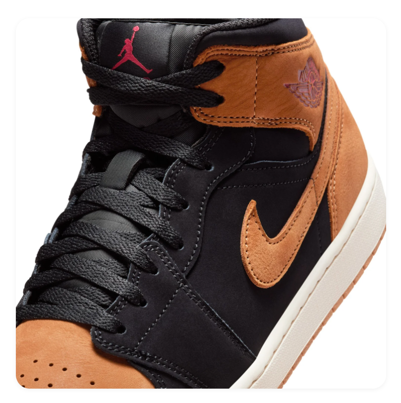 Air Jordan 1 Mid Black & Tan Sneakers with Red Accents