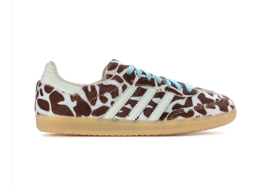 Adidas Brown & Cream Cow-Print Sneakers with Blue Laces