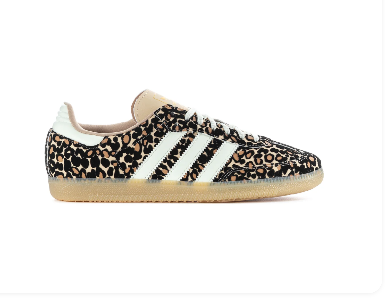 Adidas Leopard-Print Low-Top Sneakers with White Stripes & Gum Sole