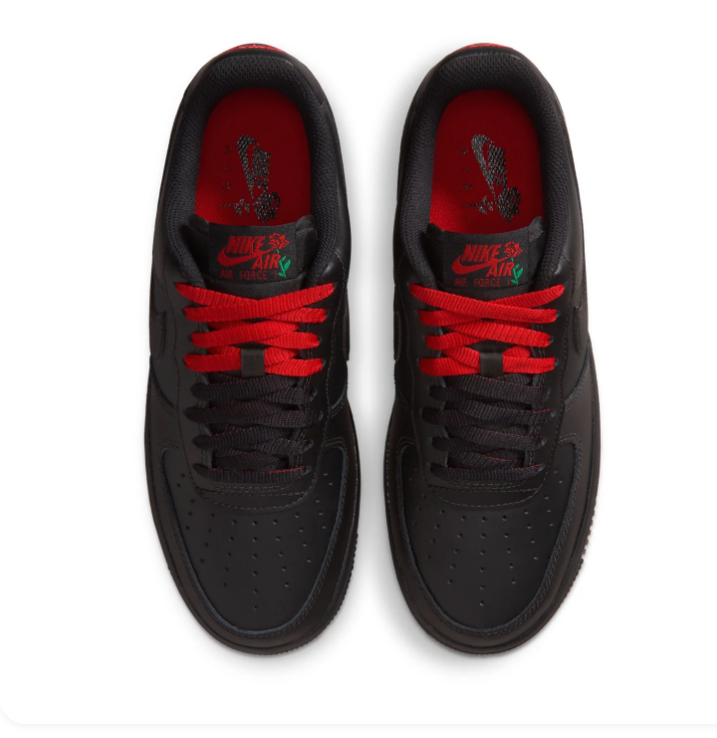 Nike Air Force 1 Black Sneakers with Red Rose & Green Accents
