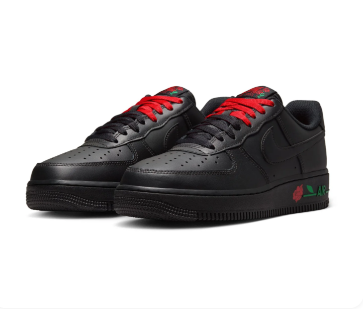 Nike Air Force 1 Black Sneakers with Red Rose & Green Accents