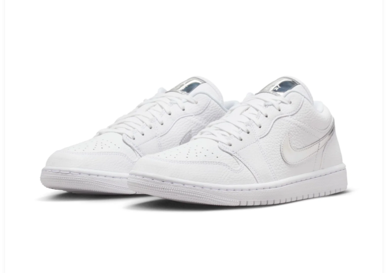 Air Jordan 1 Low White Sneakers with Metallic Silver Accents