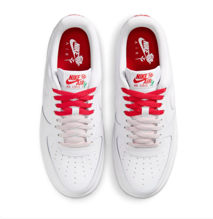 Nike Air Force 1 White Sneakers with Red Rose & Green Accents