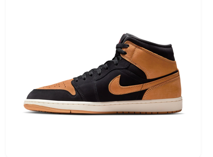 Air Jordan 1 Mid Black & Tan Sneakers with Red Accents