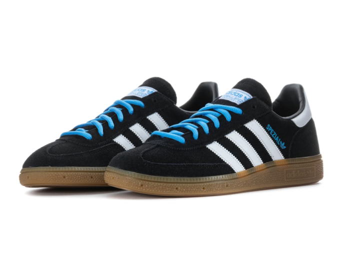Adidas Handball Spezial Black & White Gum-Sole Sneakers with Blue Laces