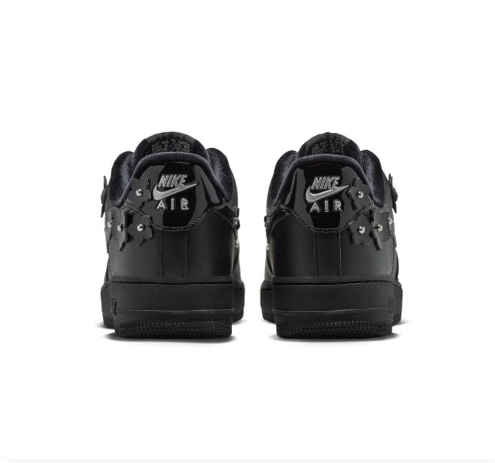 Nike Air Force 1 Black Sneakers with Floral Appliqués & Silver Accents