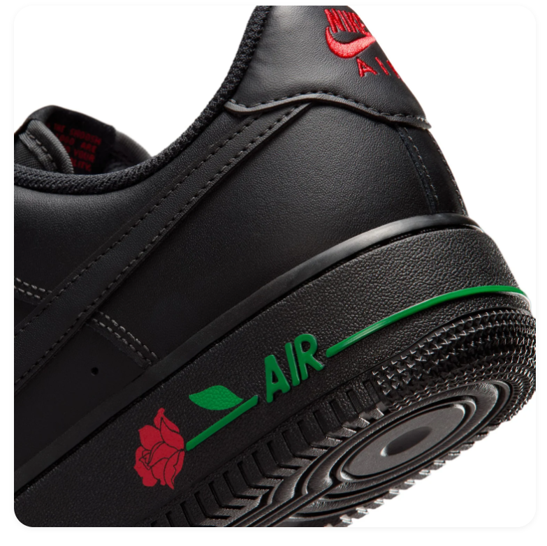 Nike Air Force 1 Black Sneakers with Red Rose & Green Accents