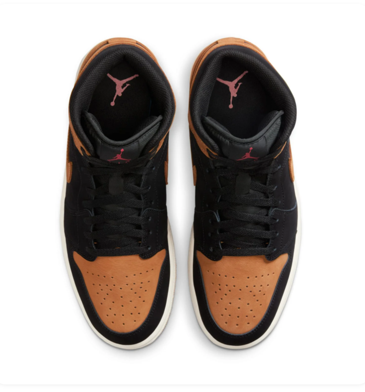 Air Jordan 1 Mid Black & Tan Sneakers with Red Accents