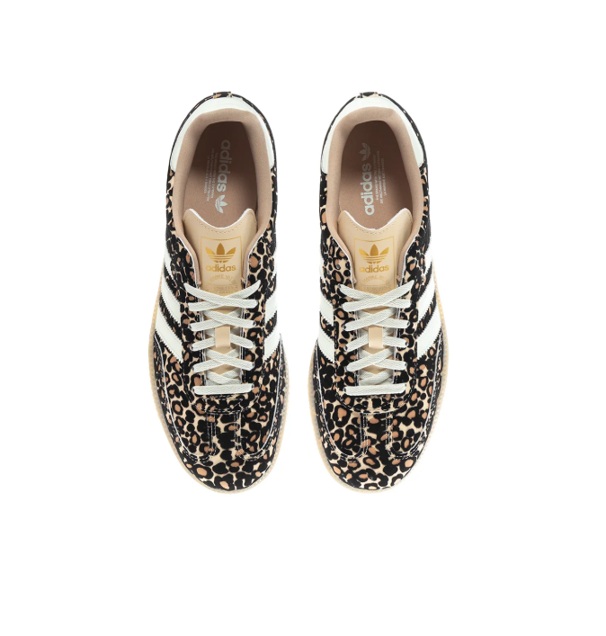 Adidas Leopard-Print Low-Top Sneakers with White Stripes & Gum Sole
