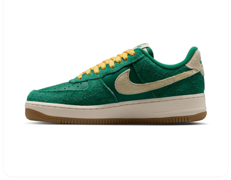Nike Air Force 1 Green & Cream Gum-Sole Sneakers with Yellow Laces