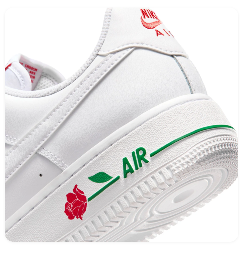 Nike Air Force 1 White Sneakers with Red Rose & Green Accents