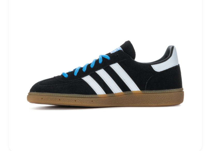 Adidas Handball Spezial Black & White Gum-Sole Sneakers with Blue Laces