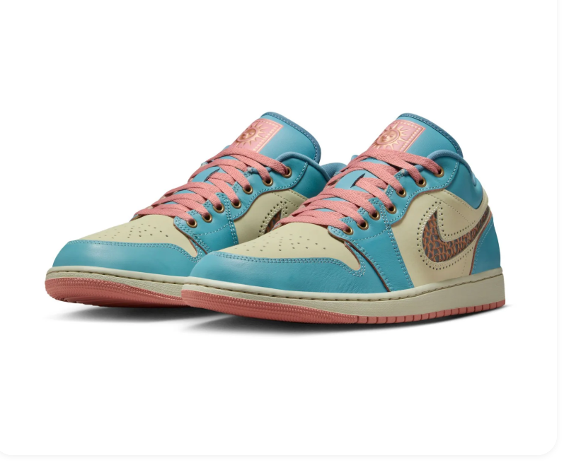 Air Jordan 1 Low Turquoise & Cream Sneakers with Pink Accents