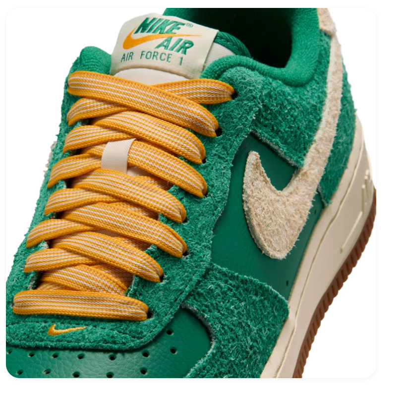 Nike Air Force 1 Green & Cream Gum-Sole Sneakers with Yellow Laces