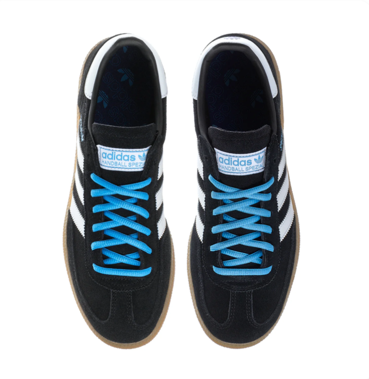Adidas Handball Spezial Black & White Gum-Sole Sneakers with Blue Laces