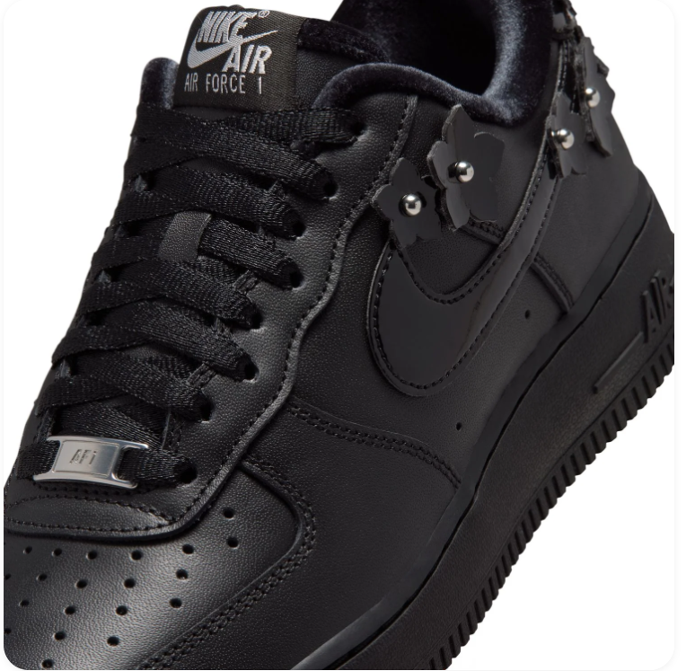 Nike Air Force 1 Black Sneakers with Floral Appliqués & Silver Accents