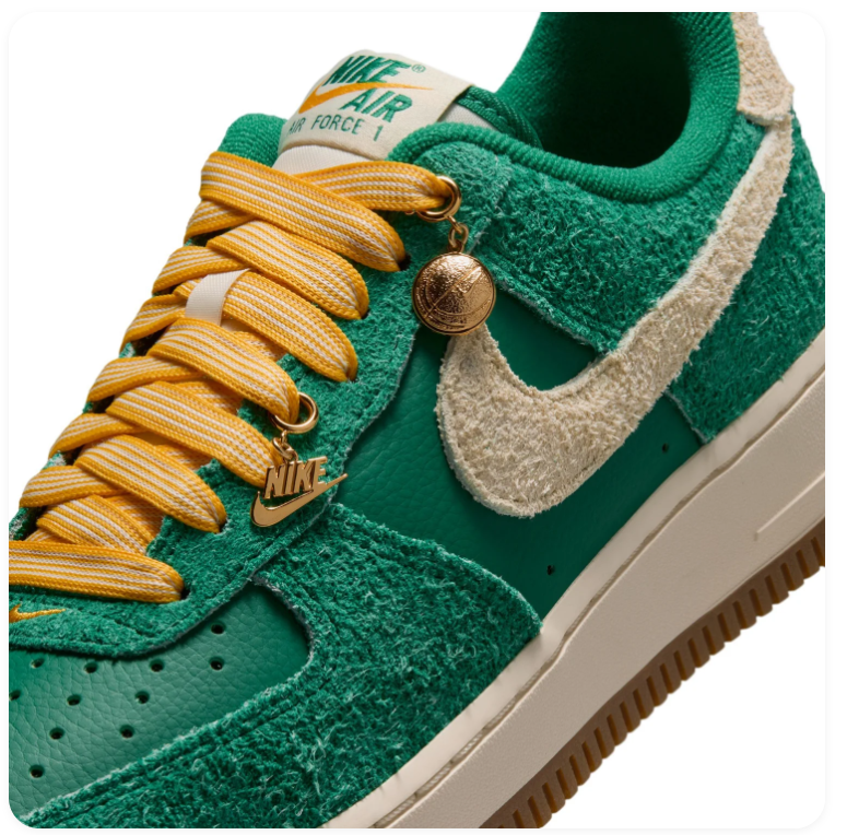 Nike Air Force 1 Green & Cream Gum-Sole Sneakers with Yellow Laces