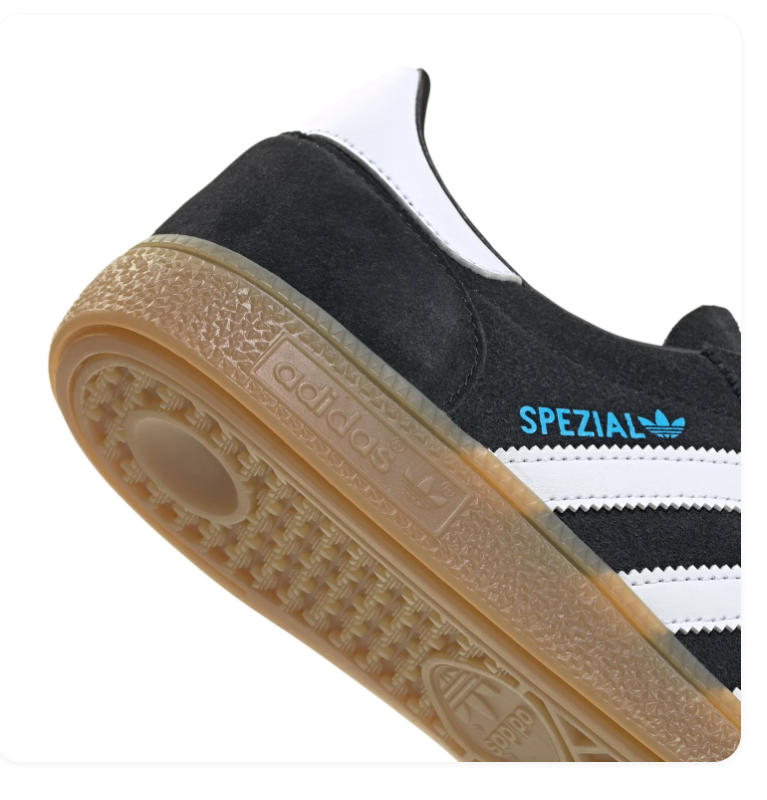 Adidas Handball Spezial Black & White Gum-Sole Sneakers with Blue Laces