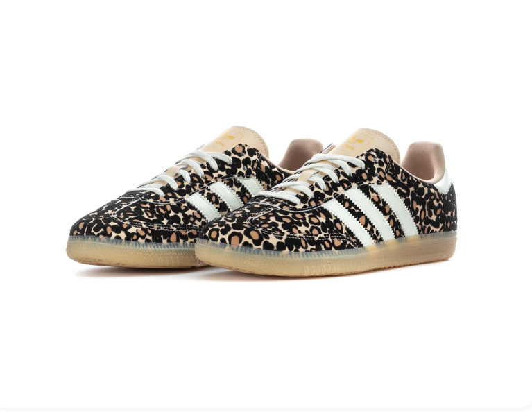 Adidas Leopard-Print Low-Top Sneakers with White Stripes & Gum Sole