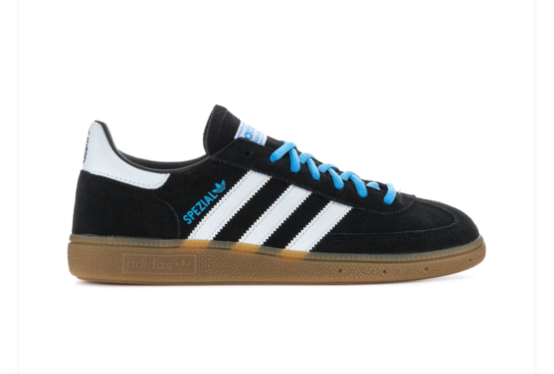 Adidas Handball Spezial Black & White Gum-Sole Sneakers with Blue Laces