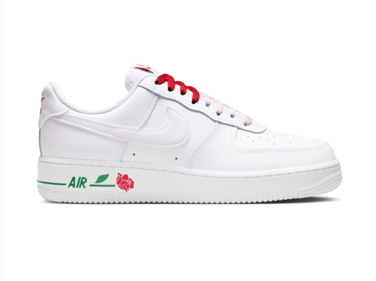 Nike Air Force 1 White Sneakers with Red Rose & Green Accents