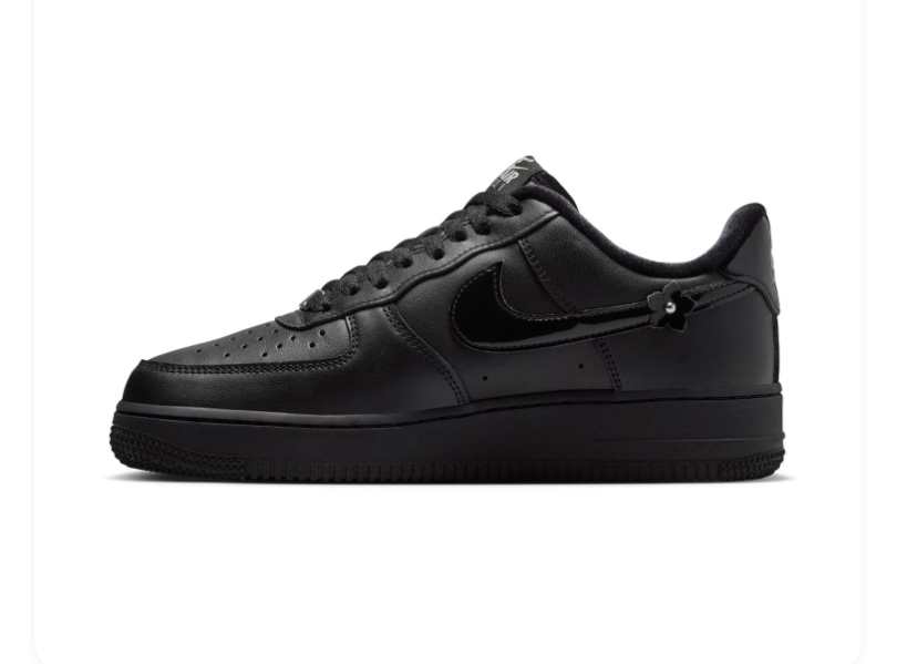 Nike Air Force 1 Black Sneakers with Floral Appliqués & Silver Accents