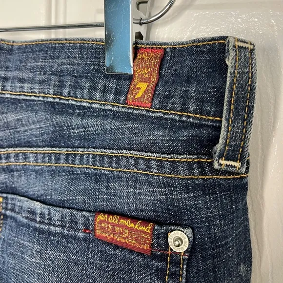 7 For All Mankind Seven Dojo Flare Jeans Pants Blue Dark Wash Raw Hem Size 27