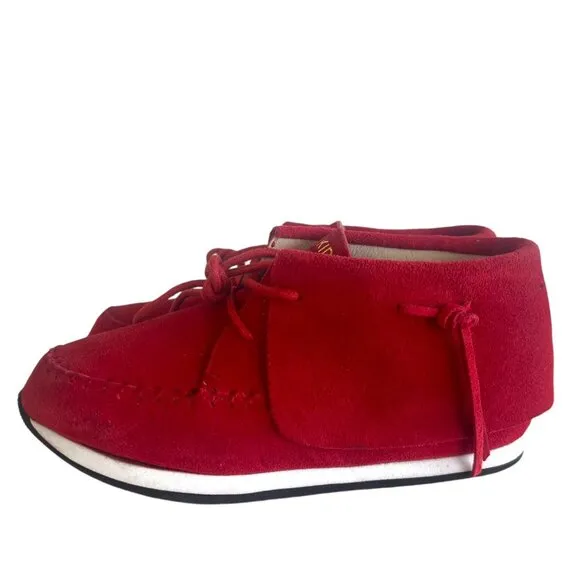 AKID Stone Red Nubuck Leather Moccasin Booties Ankle Boots Fringe A Kid Sz 1 1Y