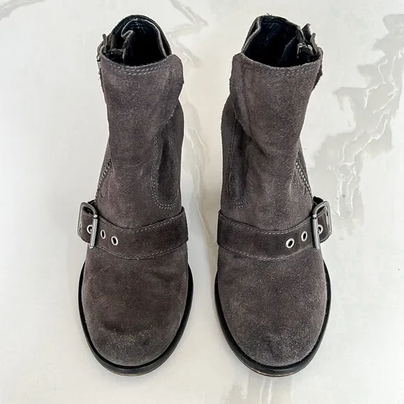 All Saints Edgy Grey Suede LeatherAnkle Biker Moto Boots Womens Sz EU 38