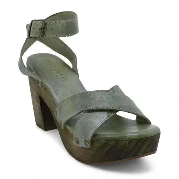 Bed|Stu Kalah Green Criss Cross Leather Wood Platform Clog Heel