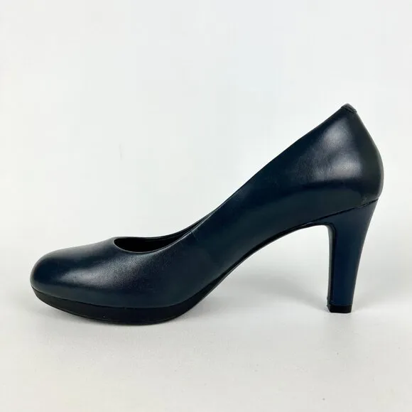 Clarks Womens Ambyr Joy Blue Leather Pumps Platform Comfort Heels size 9W Wide