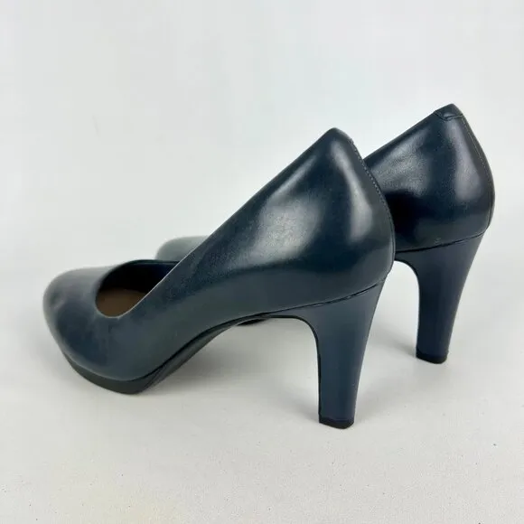 Clarks Womens Ambyr Joy Blue Leather Pumps Platform Comfort Heels size 9W Wide