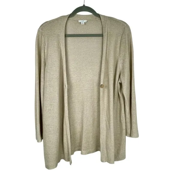 J. Jill Linen Blend Tan Cardigan Lightweight Knit Single Button Size Large Tall