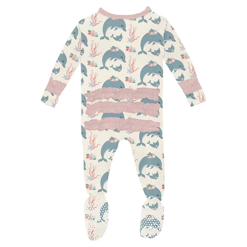 KicKee Pants Classic Ruffle Footie with 2W zipper - Natural Dolphins