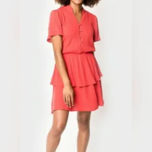 NWT Gibson Look Red Short Flutter Sleeves Layered Tiered Mini Dress Size Medium