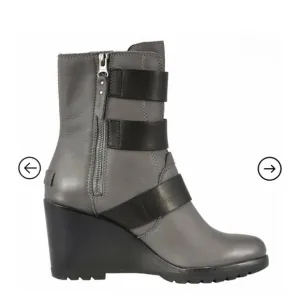 Sorel After Hours Wedge Moto Boots Gray Leather Strappy Almond Toe Size 6